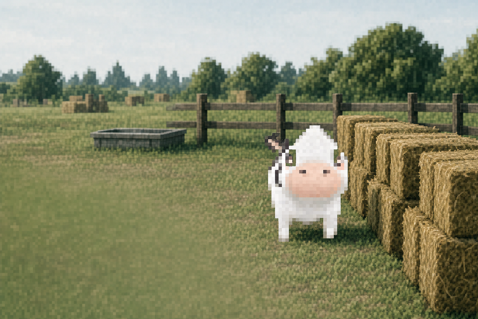 Jpeg Cow standing in the west paddock beside stacked hay bales